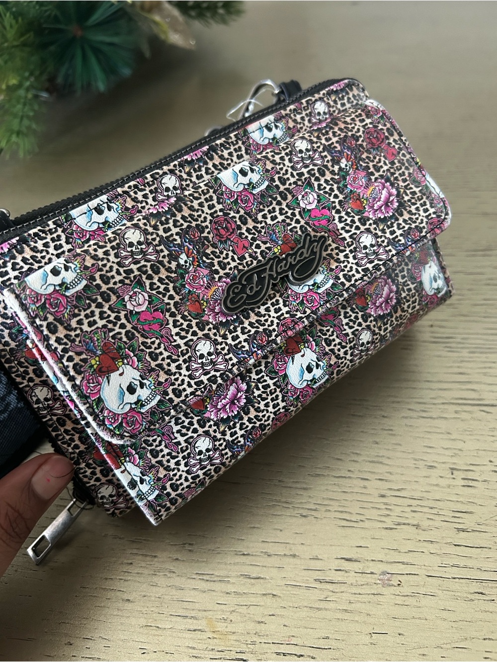 Ed Hardy Pink & Brown Leopard Skull Floral Crossbody Wallet